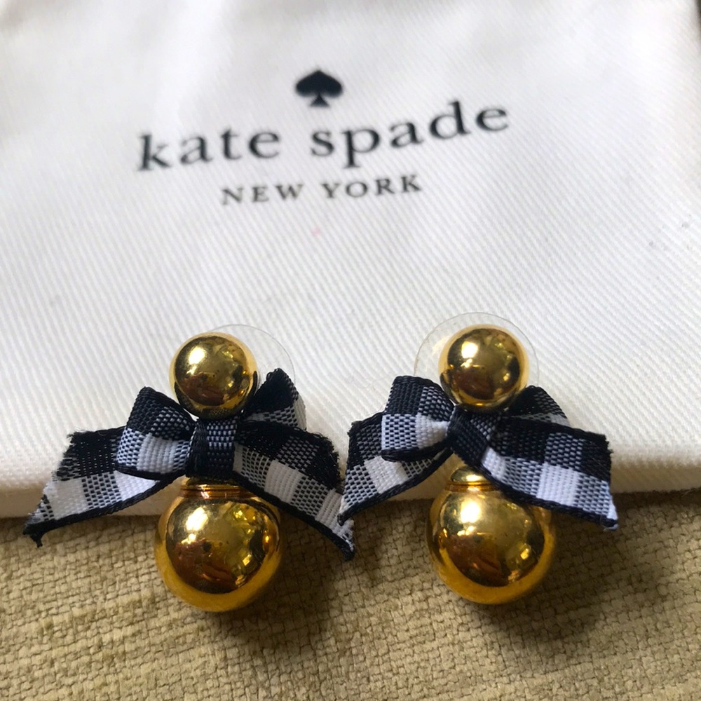Kate Spade Gold Pearl and Gingham Bow Earrings